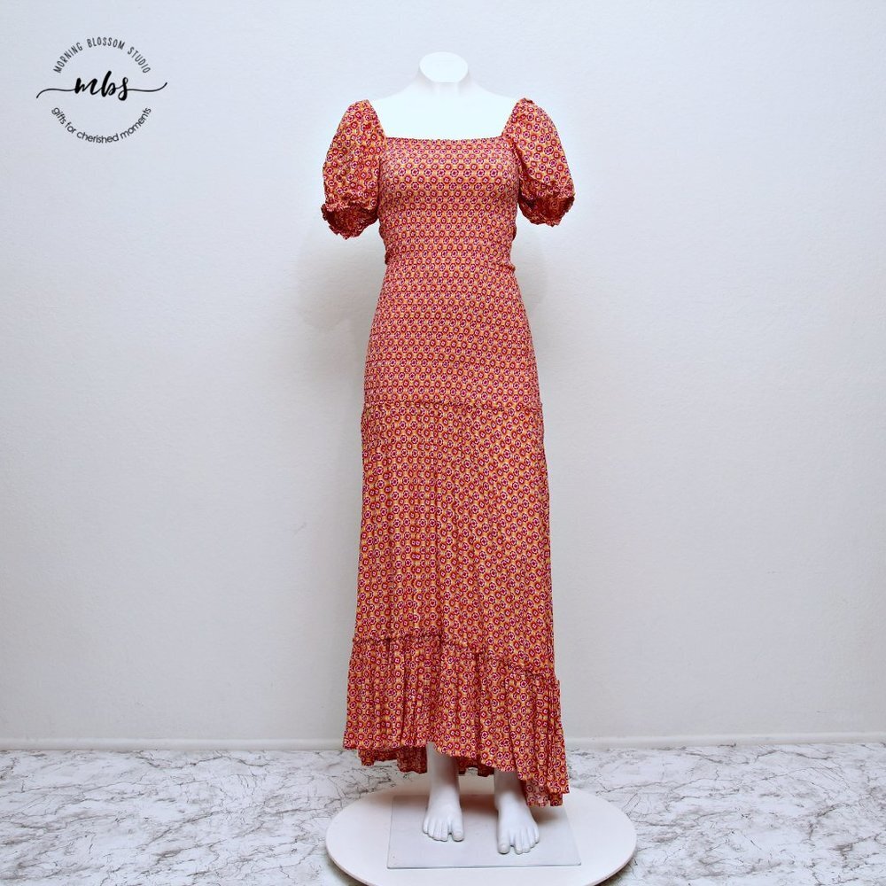 L*SPACE Simone Floral Square‎ Neck Short Sleeve Smocked High Low Maxi Dress - Picture 3 of 16